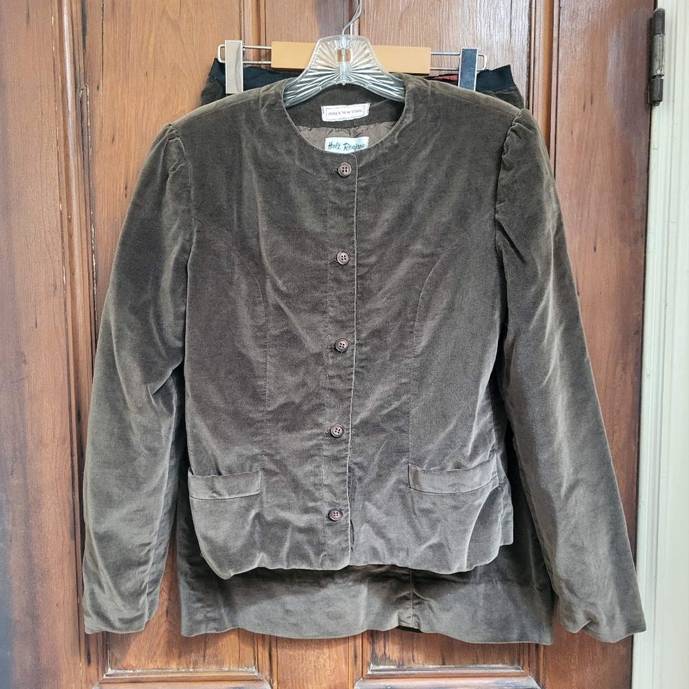 Vintage Brown Velvet Jacket Skirt Outfit Jones New York Holt Renfrew Size 10